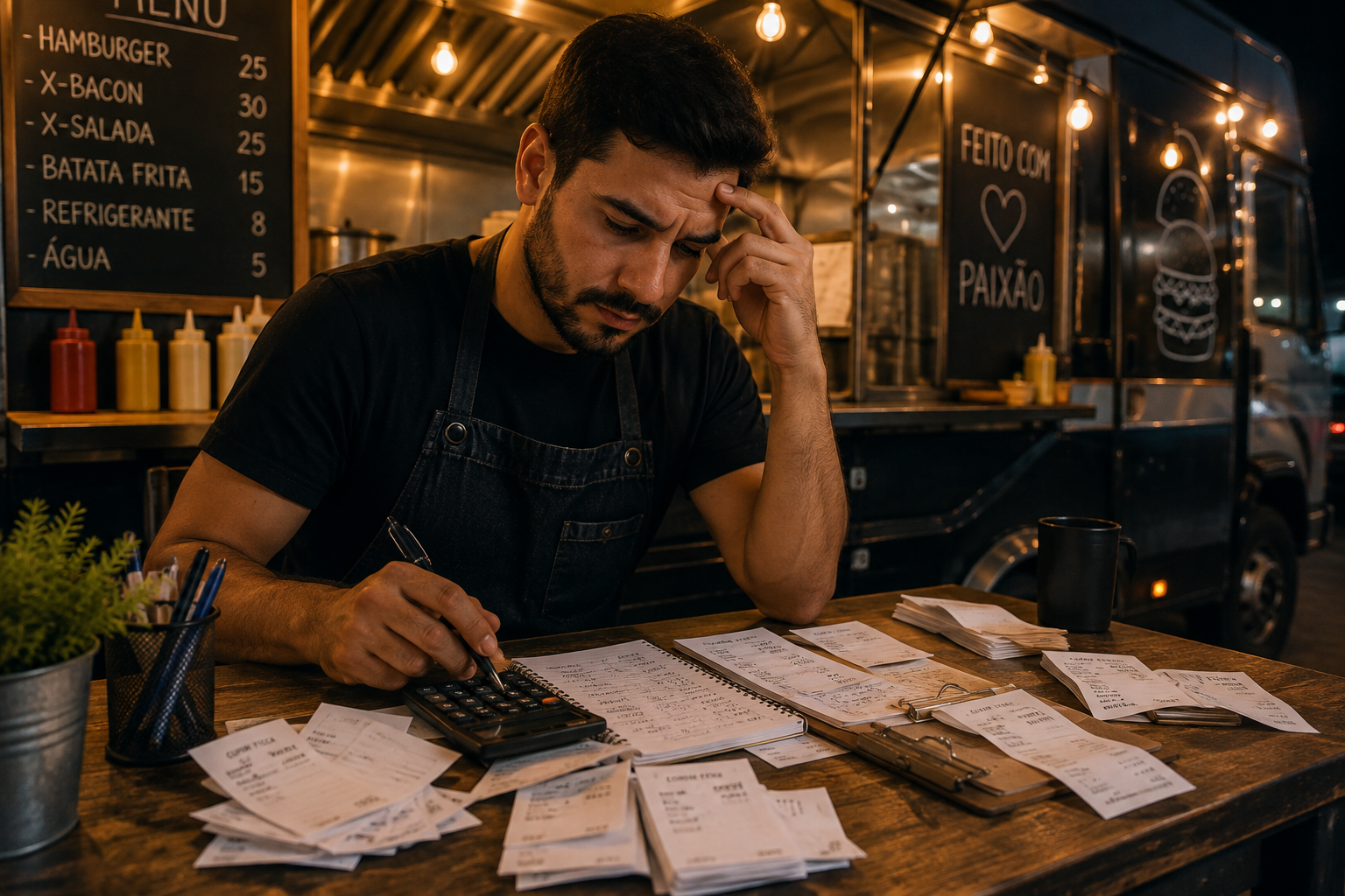 Empreendedor conferindo comandas e calculadora